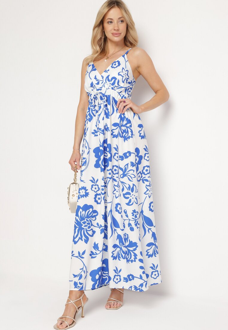 Rochie Alb-Bleumarin pe Bretele Reglabile cu Elastice la Spate Strânsă cu Șnur Harnela