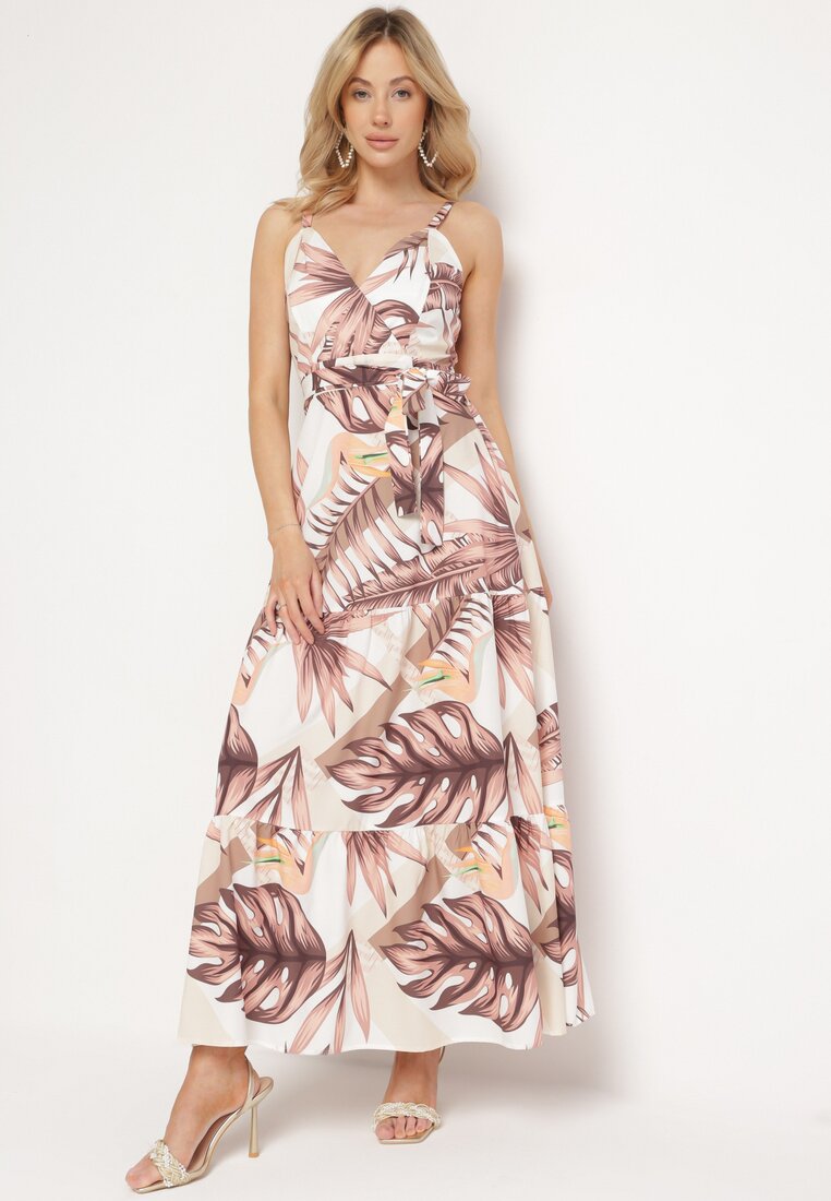 Rochie bej cu bretele cu decolteu petrecut și motiv floral Obilena