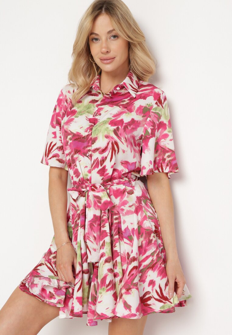 Rochie Rozalie cu mânecă scurtă încheiată cu nasturi cu curea textilă și volan Timaooni