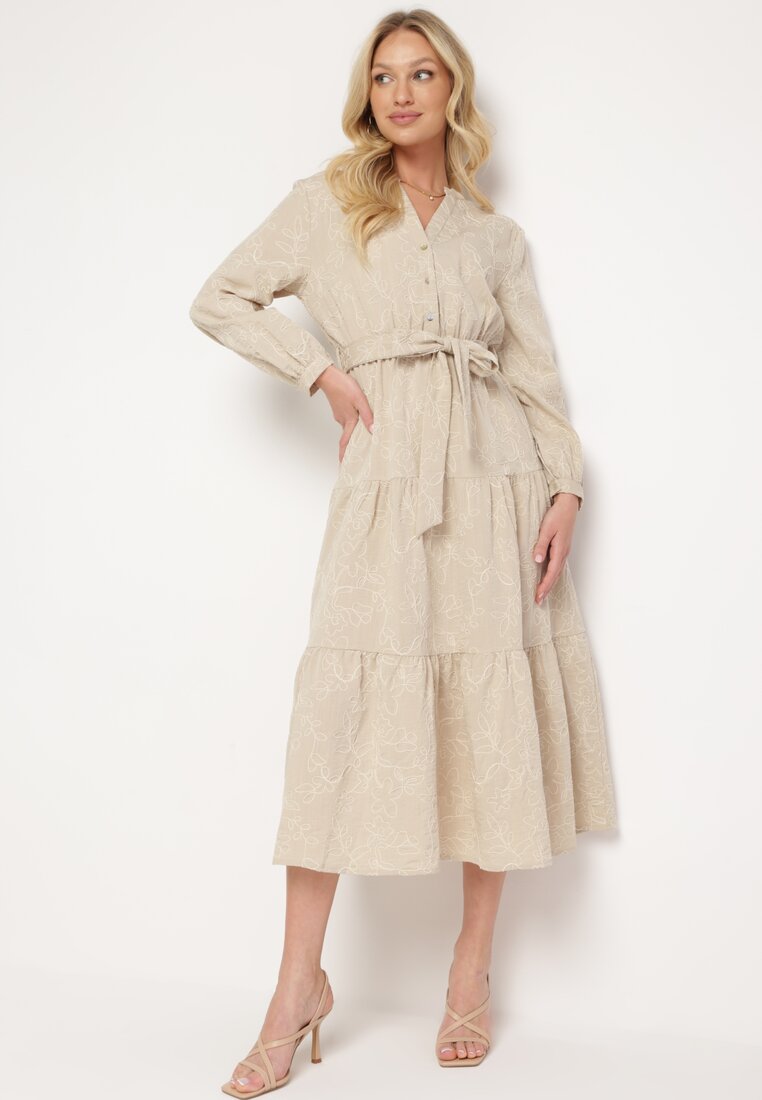 Rochie bej evazată cu elastic și curea cu șnur în talie Javara