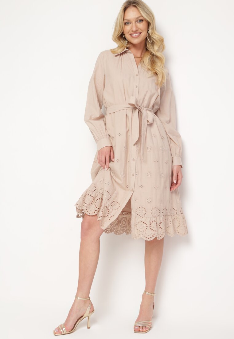 Rochie Bej Tip cămașă din bumbac cu nasturi cu cordon din material și dantelă Uzilara