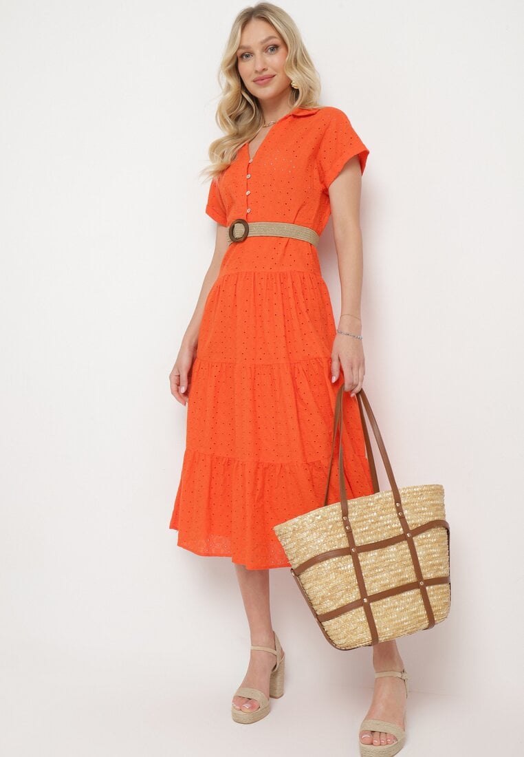 Rochie de bumbac portocalie cu finisaj ajurat, cu mânecă scurtă, încheiată cu nasturi Kataria