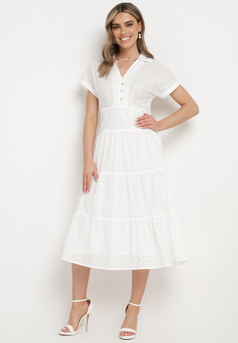 Rochie Albă de bumbac cu finisaj ajurat, cu mânecă scurtă, cu nasturi Kataria