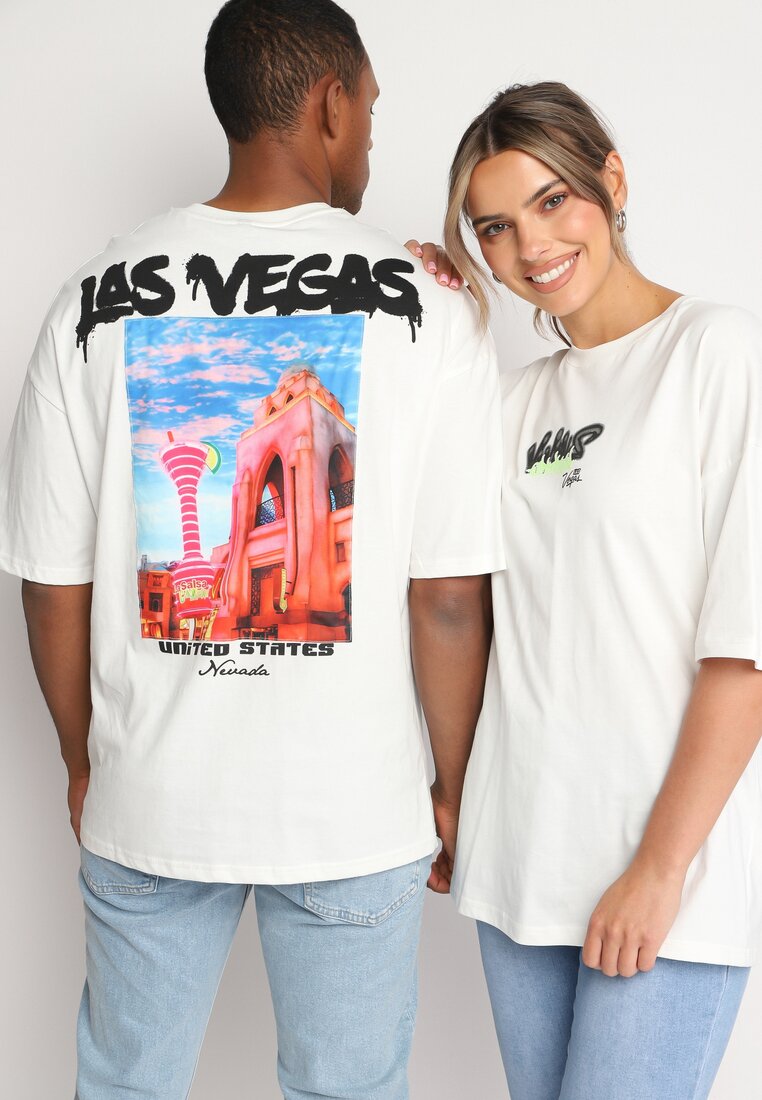 Tricou Alb-Crem din Bumbac Decorat cu Imprimeu și cu Aplicație Nanesha