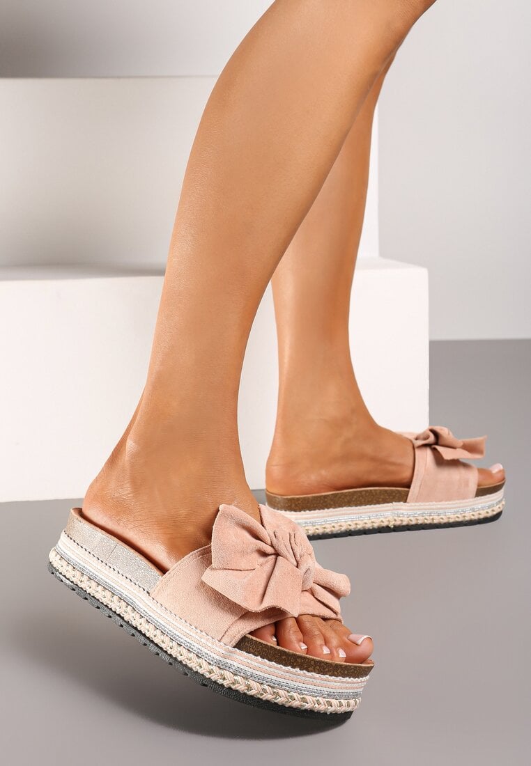 Papuci Roz Plati în Stil Boho Decorați cu Fundă Fieanna