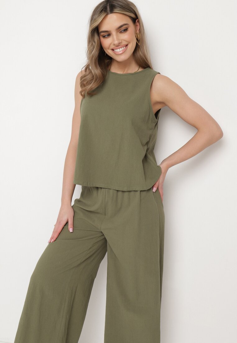 Set De bumbac Verde închis Top și Pantaloni largi Culotte Sinelia