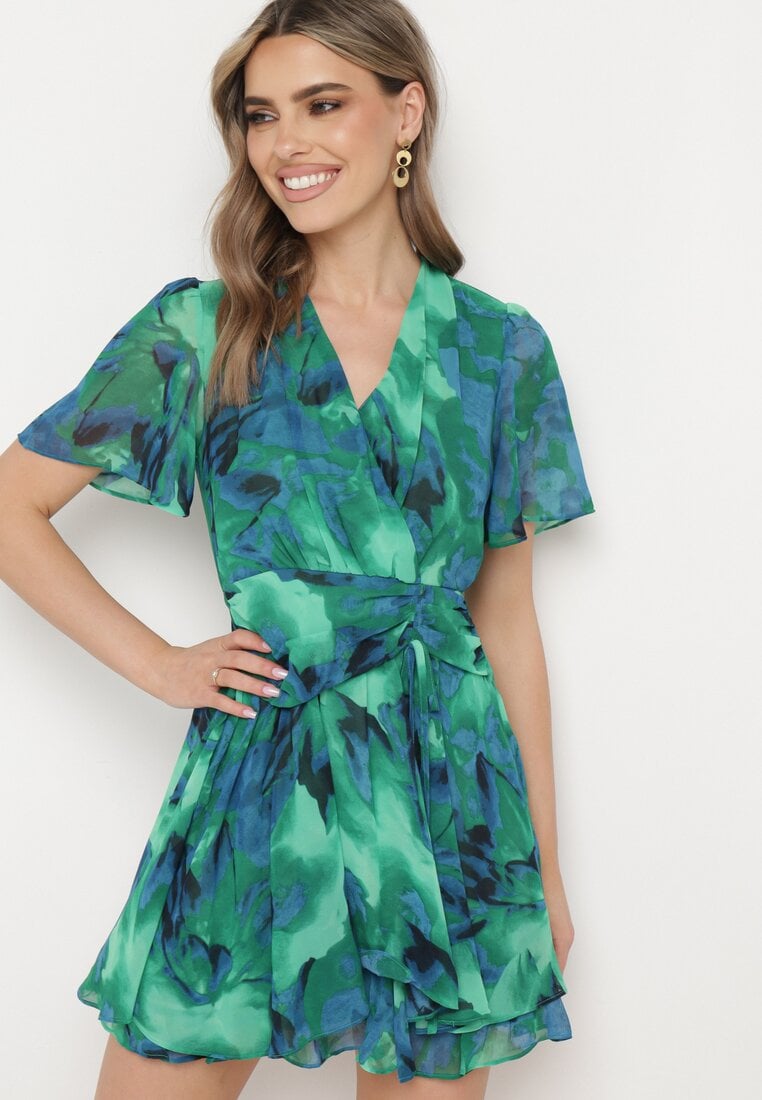Rochie Evazată Verde-Albastră cu Decolteu Petrecut și Elastic în Talie Pannestra