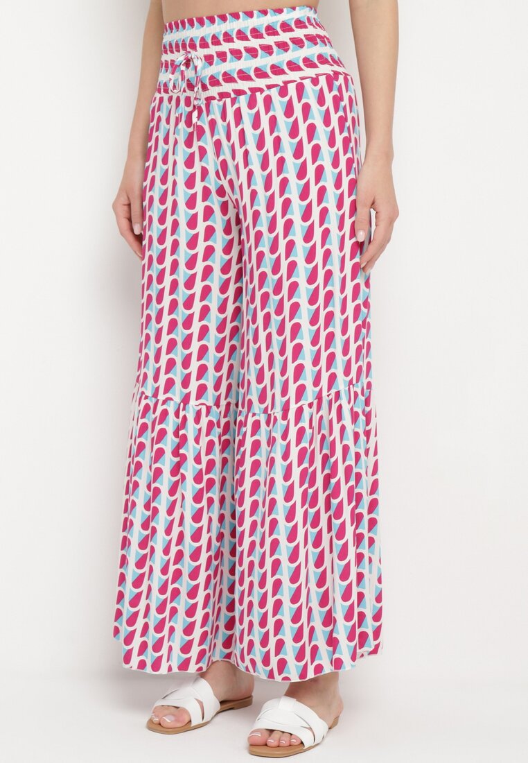 Pantaloni Palazzo Fucsia-Albi din Vâscoză cu Elastic în Talie și Talie Înaltă Tiimabell