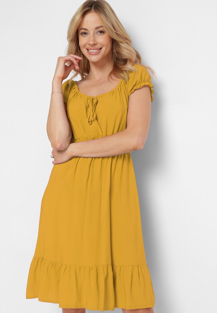 Rochie Galbenă din Viscoză cu Elastice în Talie Încrețită la Decolteu cu Volane Tiimamla