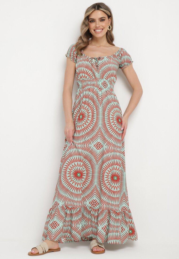 Rochie mentă din viscoză cu croială evazată cu legătură la decolteu și elastic în talie Wicia