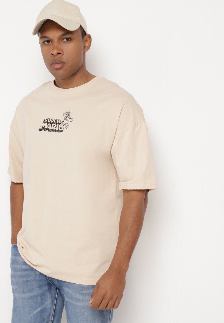 Tricou Bej Din bumbac Oversize Cu imprimeu Pe față și pe spate Mannesha