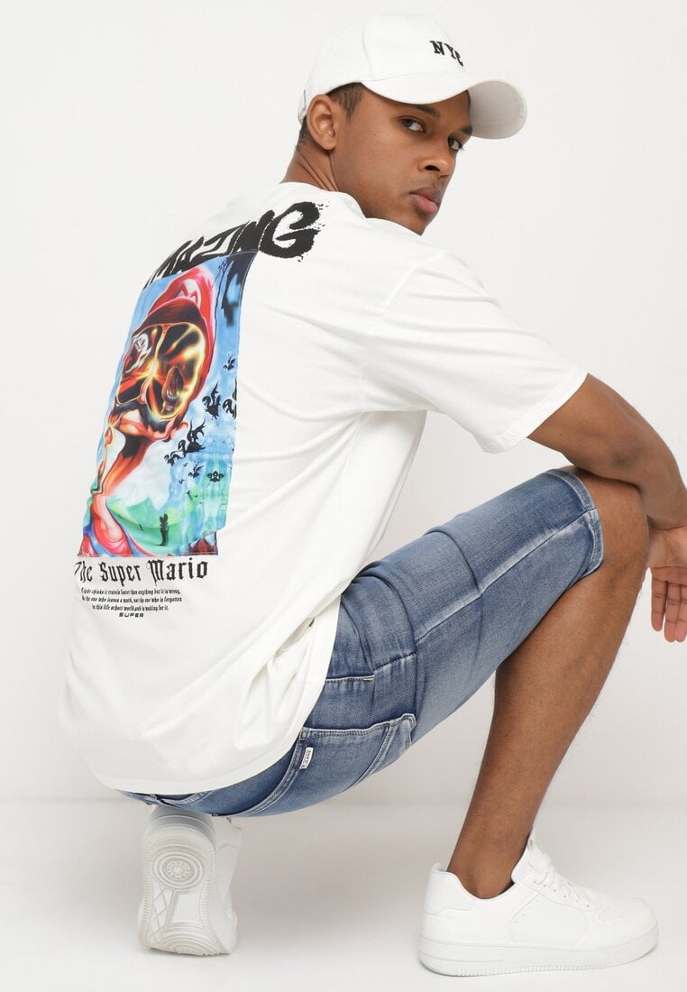 Tricou Alb din Bumbac Oversize cu Imprimeu pe Față și pe Spate Mannesha