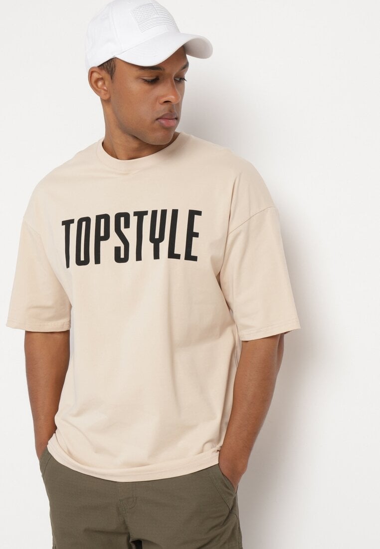 Tricou de bumbac bej cu mânecă scurtă și imprimeuri decorative pe spate și pe față Azariel