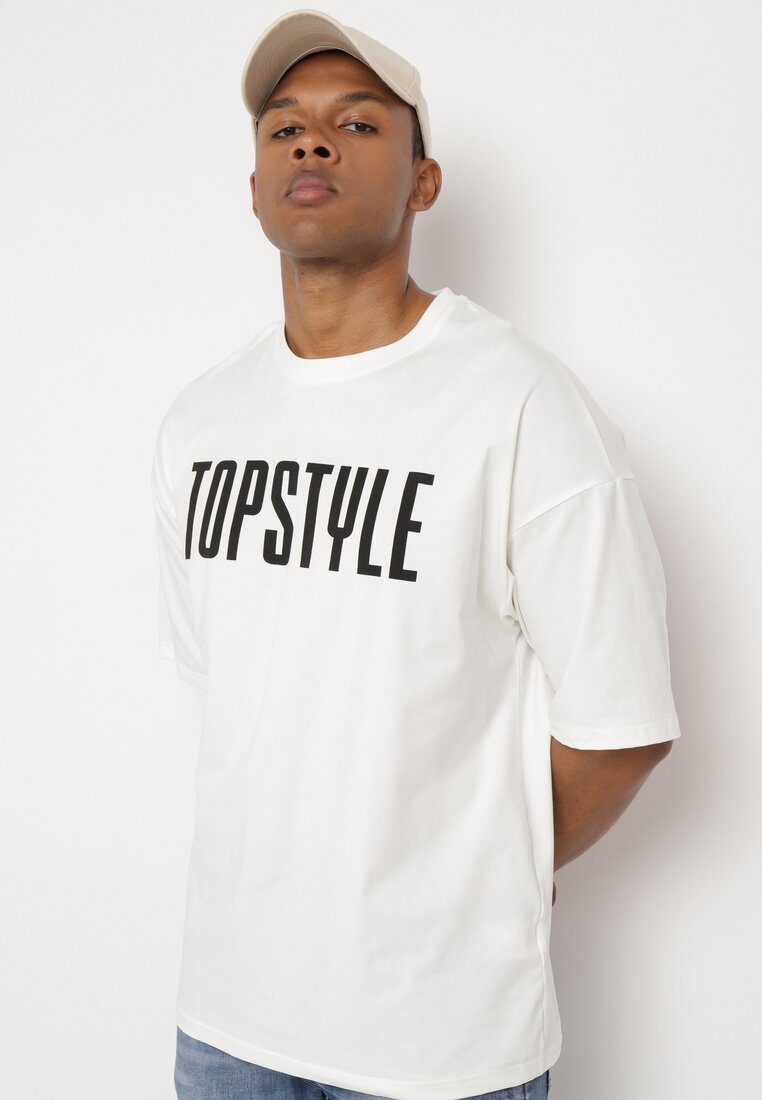 Tricou Alb din Bumbac cu Mânecă Scurtă și Imprimeuri Decorative pe Spate și în Față Azariel