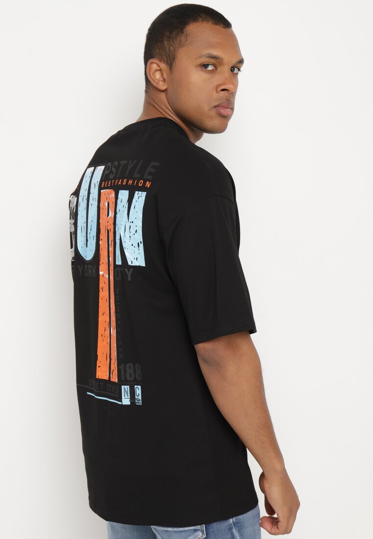 Tricou Negru De Bumbac cu Mânecă Scurtă și Imprimeuri Decorative pe Spate și pe Față Azariel