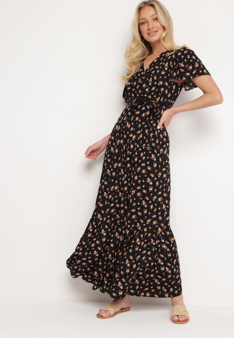 Rochie Negru-Roz din Viscoză cu Decolteu Petrecut cu Elastic în Talie și Curea din Material Textil Fanesia