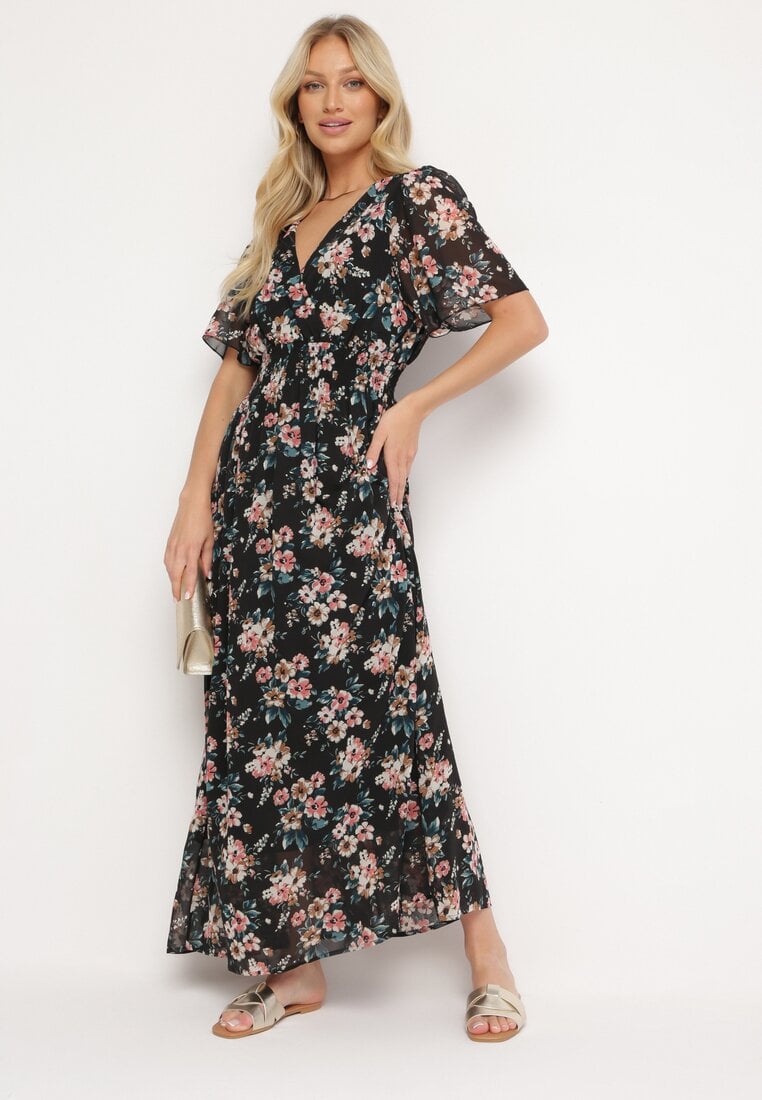 Rochie Negru-Roz cu Mânecă Scurtă și Elastic în Talie Legată la Spate cu Fir Metalic Virissa