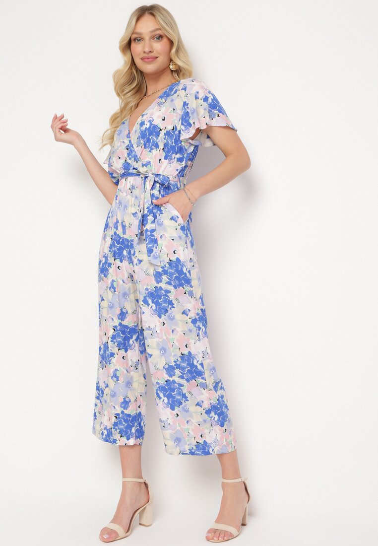 Salopetă Albastru-Alb din Viscoză cu Decolteu în V și Elastic în Talie Simolla