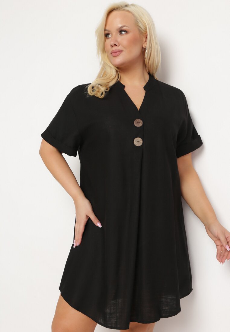 Rochie Neagră Tip cutie cu In cu Mânecă Scurtă și Nasturi Effienu