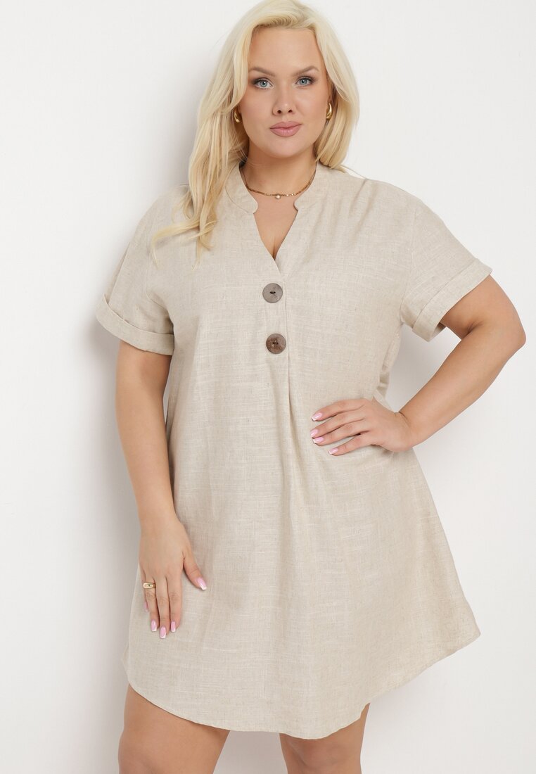 Rochie Bej cu In tip cutie cu Mânecă Scurtă și Nasturi Effienu