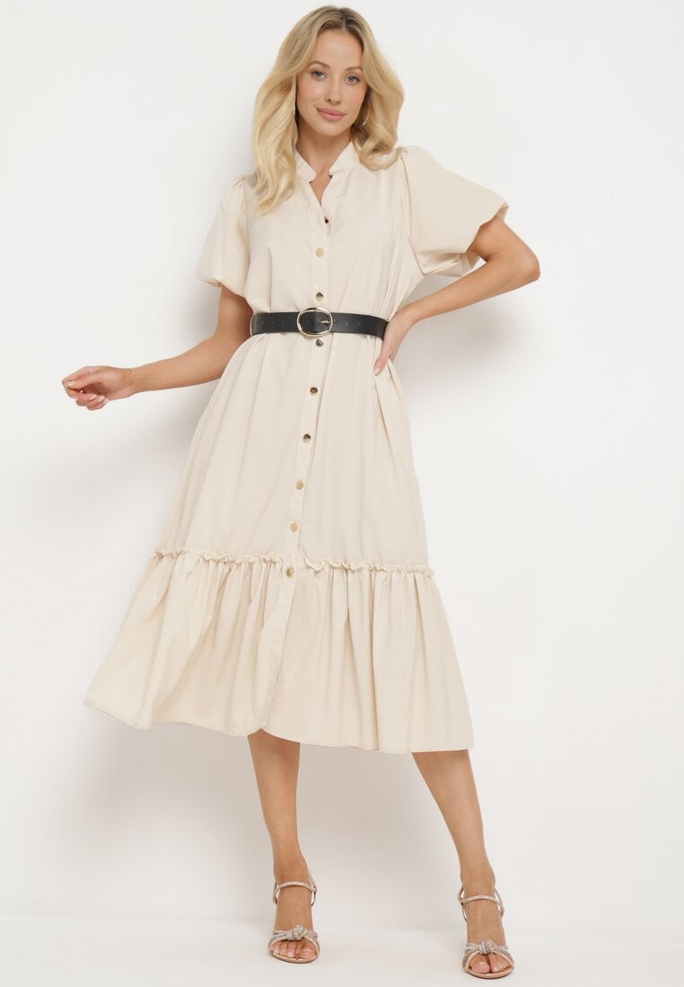 Rochie bej tip cămașă cu mânecă scurtă închisă cu nasturi, cu cordon din imitație de piele Xantantia