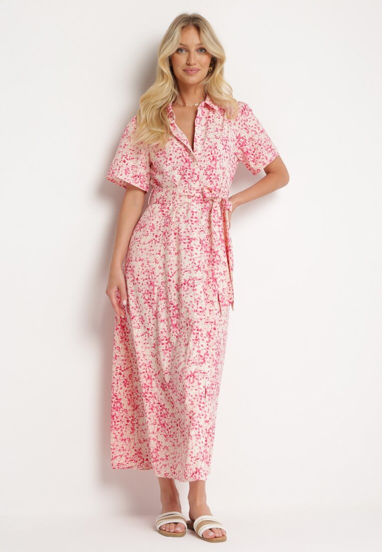 Rochie tip cămașă roz cu imprimeu floral, închisă cu nasturi, cu cordon din material Eseria