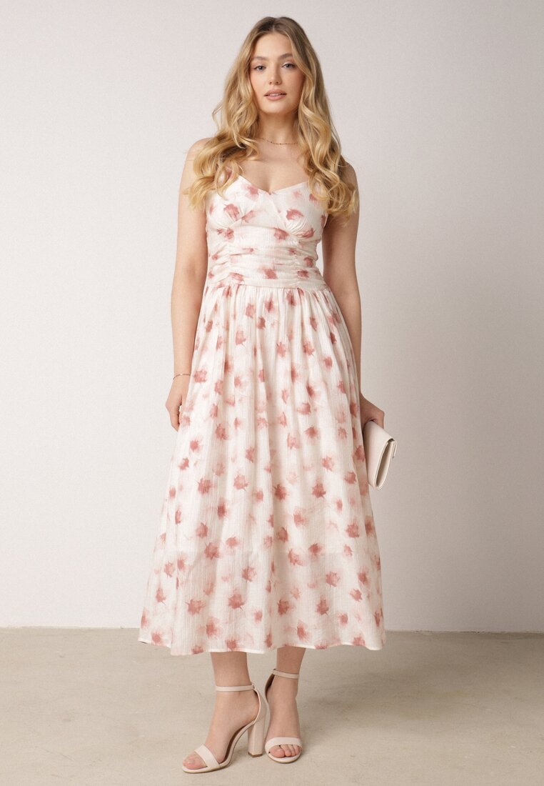 Rochie Amplă Roz-Bej cu Imprimeu Floral cu Choker Trandafir Jomeria