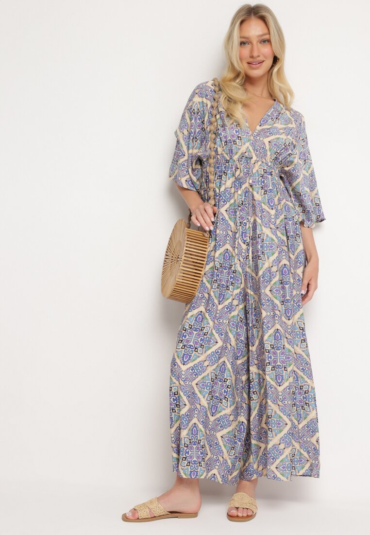 Salopetă Albastră Boho cu Elastic în Talie Legată la Spate cu Picioare Largi Rodolia