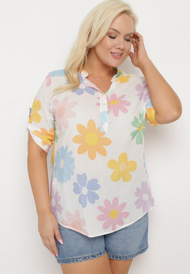 Cămașă Albă din Viscoză cu nasturi, cu mânecă 3/4 și cu imprimeu floral Xebbia