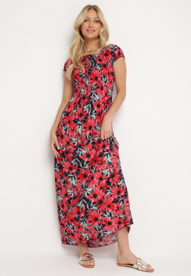 Rochie spaniolă Bleumarin-Roșie din viscoză cu flori cu croi evazat Uasteria