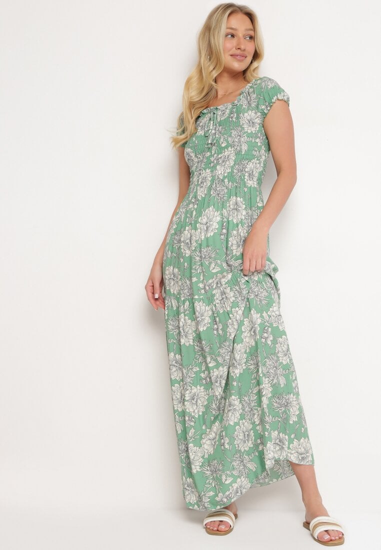 Rochie Verde din Viscoză Stil Spaniol cu Decolteu Încrețit Yelbia