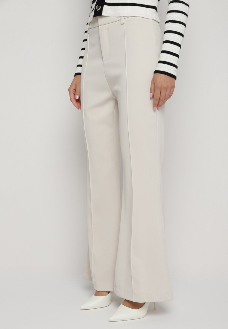Pantaloni evazați clasici bej cu talie înaltă Qinna