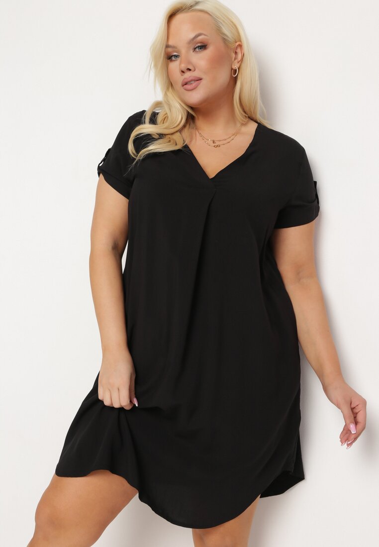 Rochie neagră tip cutie cu suprapunere la decolteu din viscoză Moaneni