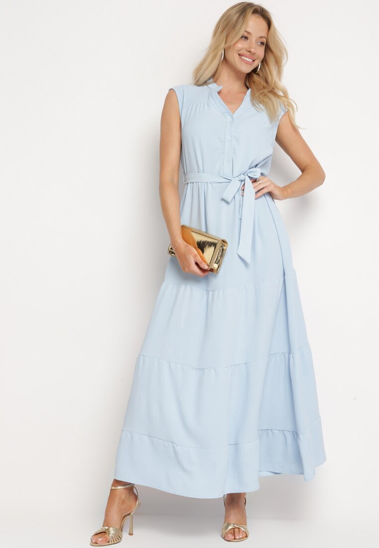 Rochie Albastru Deschis Evazată fără Mâneci cu Legătură în Talie Ellalin