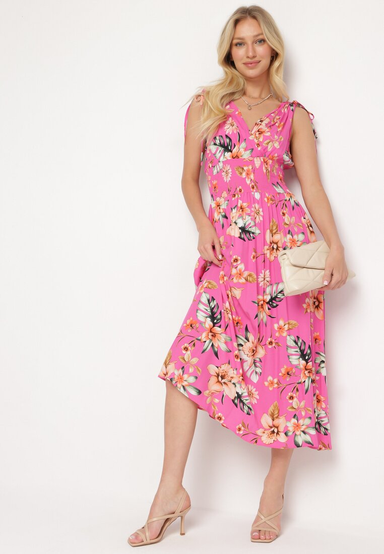 Rochie Roz cu imprimeu floral cu elastic în talie și decolteu petrecut strânsă la umeri Saseria