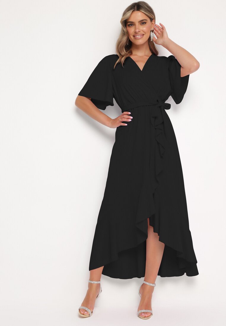Rochie neagră cu decolteu petrecut legată în talie cu elastic și volane Alleria