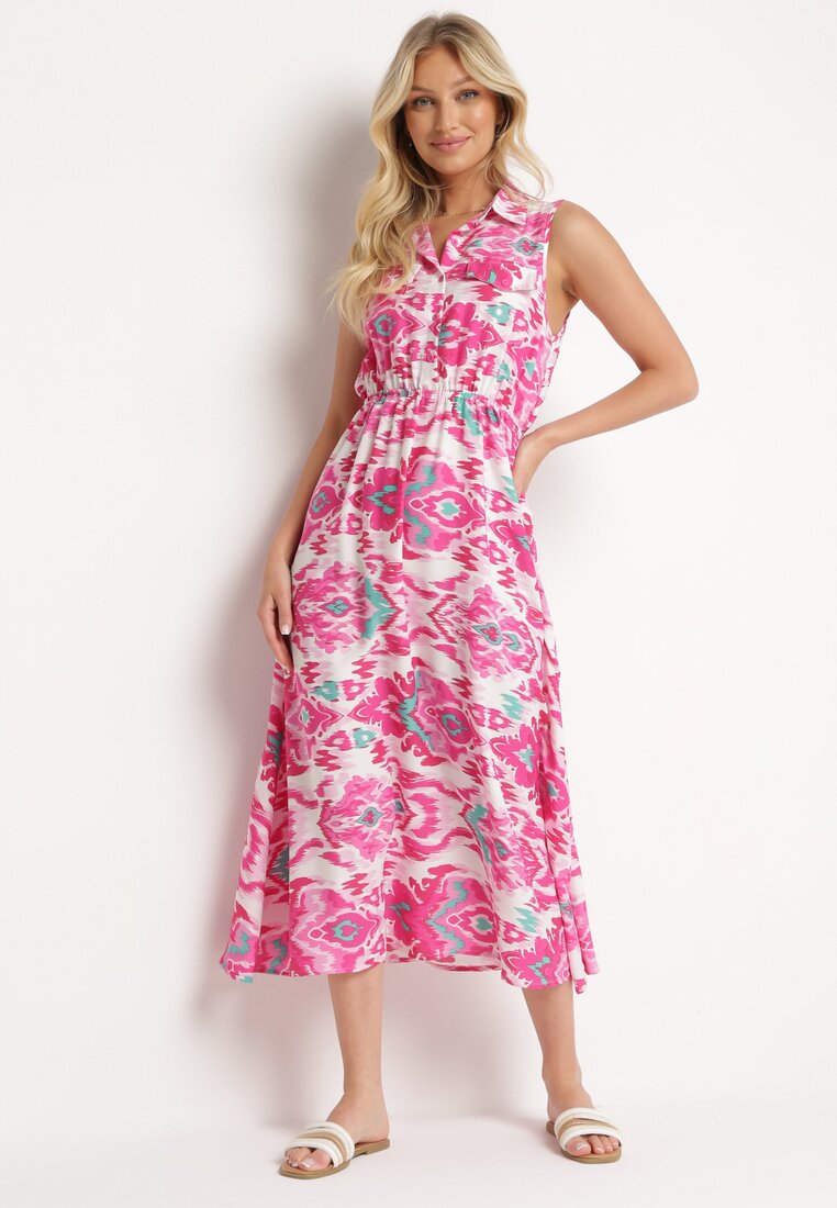 Rochie Roz Evazată cu Clape la Decolteu cu Model Abstract Elebia