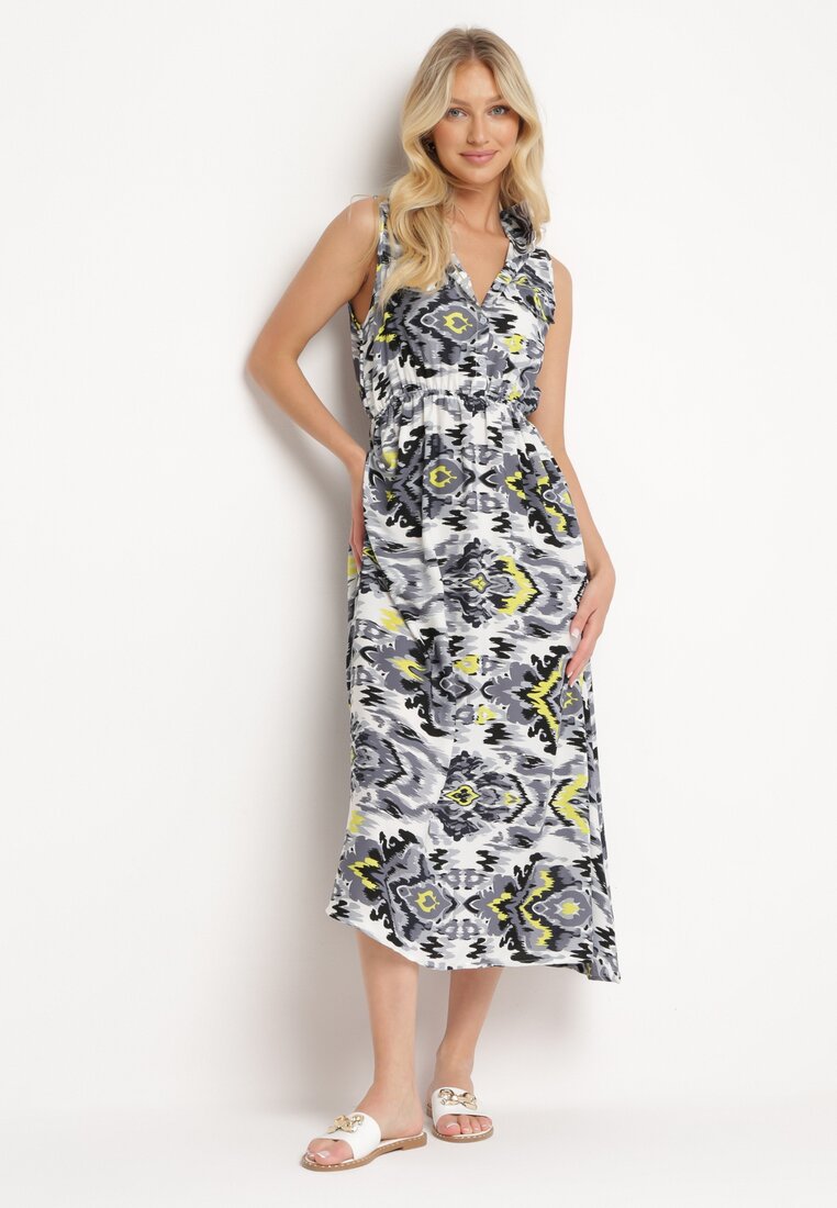 Rochie Gri-Albă Evazată cu Revere la Decolteu cu Imprimeu Abstract Elebia