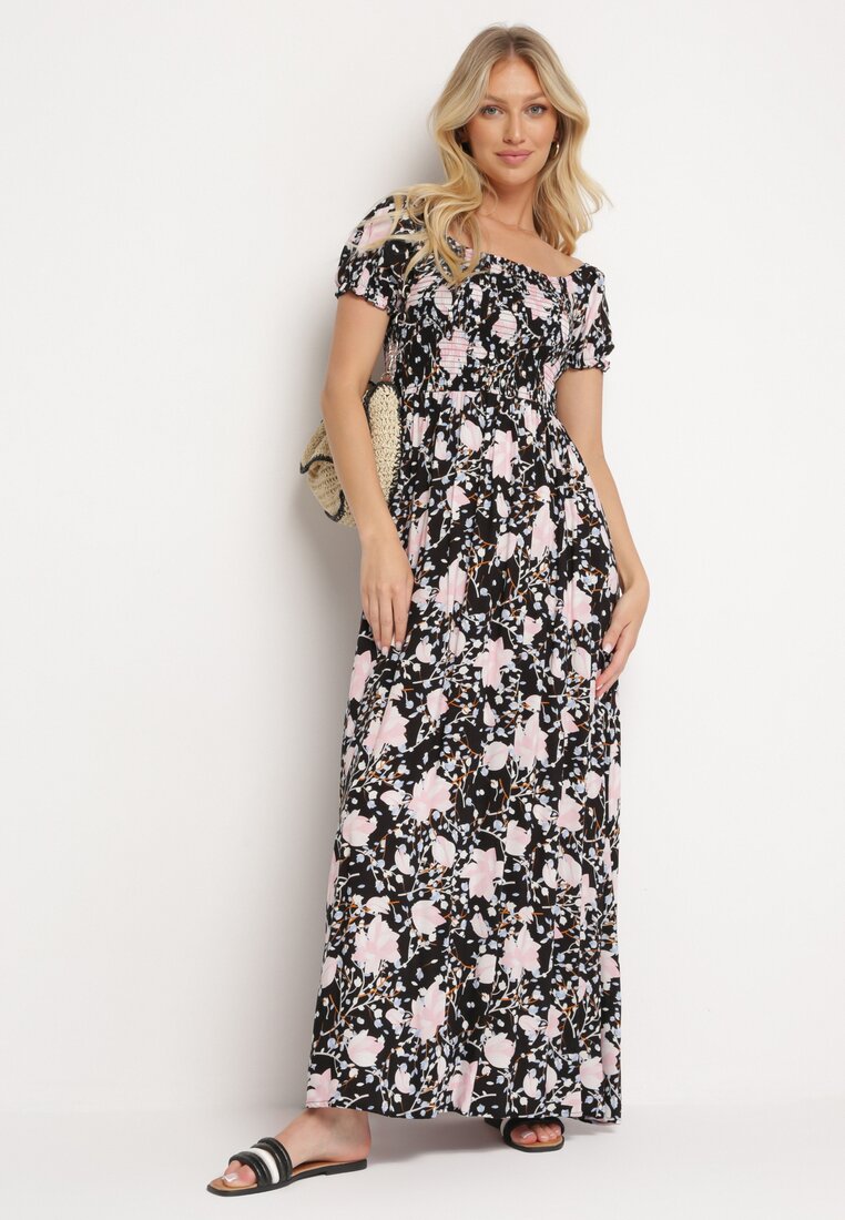 Rochie Negru-Alb Evazată Florală cu Decolteu Încrețit Disteria