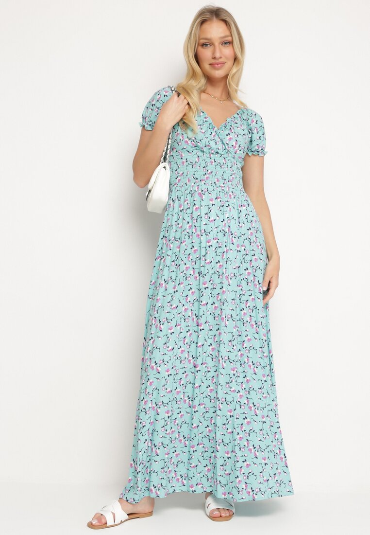 Rochie Albastră din Viscoză cu Decolteu Plic și Elastic în Talie cu Imprimeu Floral Kaseri