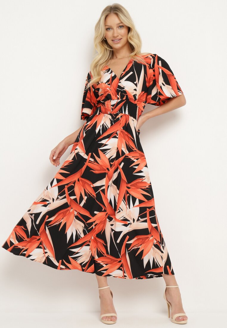 Rochie Negru-Portocaliu cu Decolteu plic și elastic în talie, legată la spate Iberi