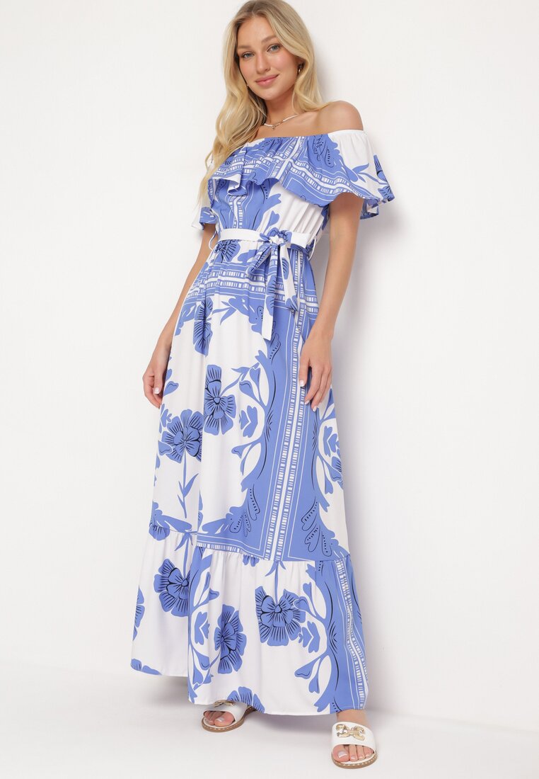 Rochie albastru-albă Tip Spaniolă cu Elastic în Talie și Curea Textilă Decorată cu Volan Woneri