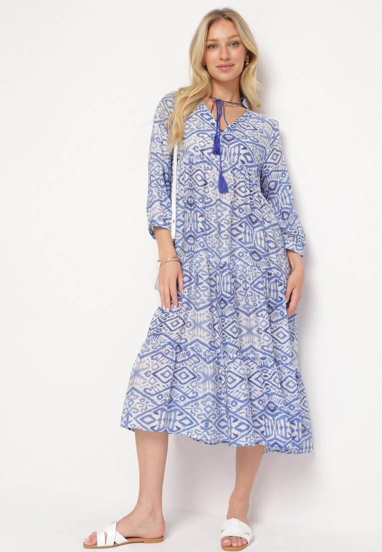 Rochie Evazată Albastră în Stil Boho Legată la Decolteu cu Volănașe Dimasia