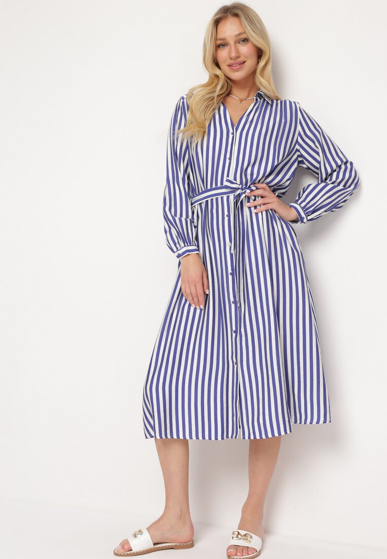 Rochie bleumarin-albă tip cămașă cu nasturi și cordon din material în talie Dimora