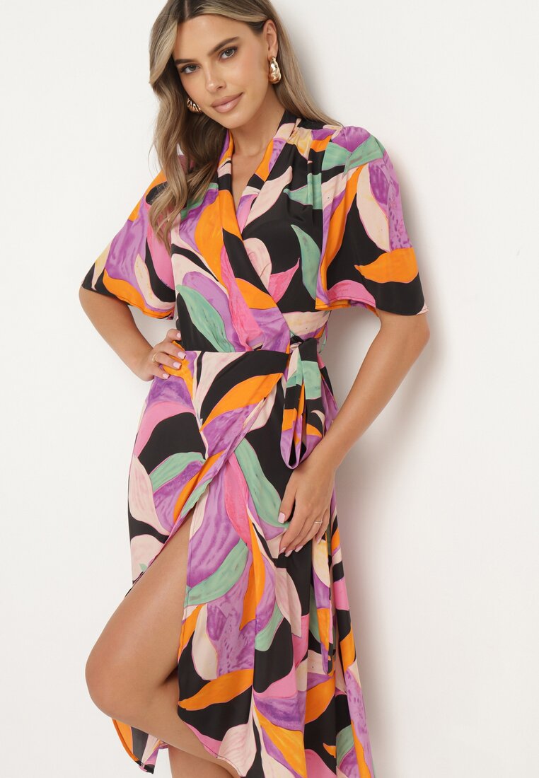 Rochie Negru-Violet cu Decolteu Petrecut și Nod în Talie Quopia