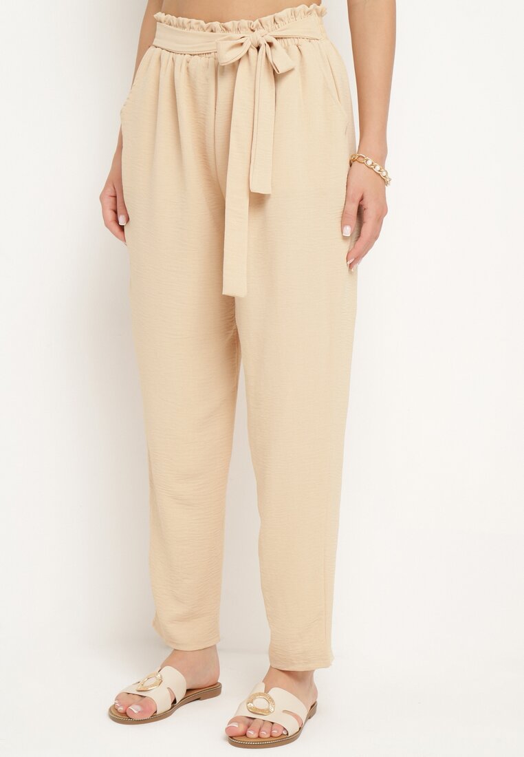 Pantaloni Bej cu elastic în talie și talie înaltă decorați cu șnur în talie Dimity