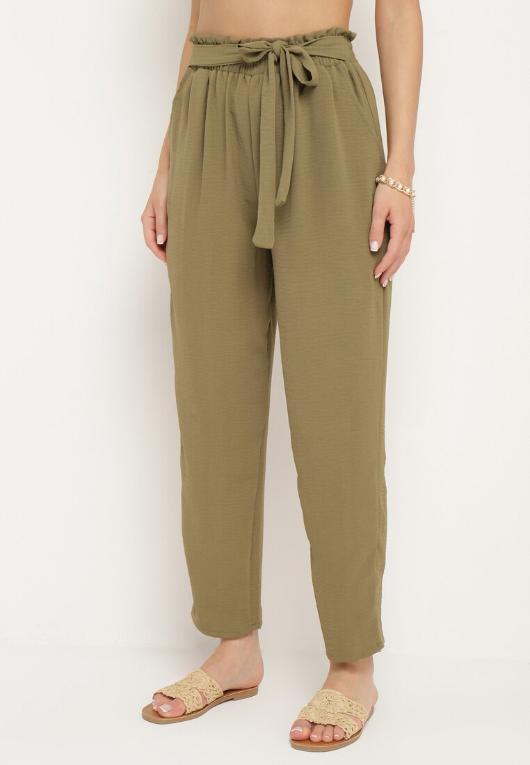 Pantaloni Verzi închis cu Gumă Elastică în Talie și Talie Înaltă Decorați cu Cordon Dimity