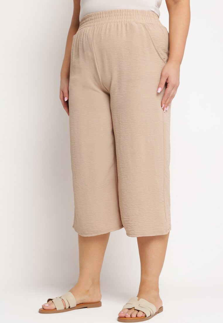 Pantaloni Bej închis Largi cu talie înaltă cu elastic în talie și cu lungime 3/4 Levolia