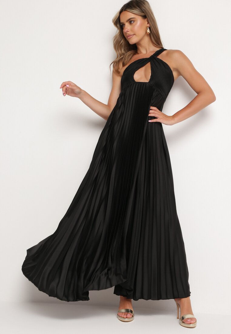 Rochie Neagră Plisată Pe un umăr Cu elastic în talie Elasha