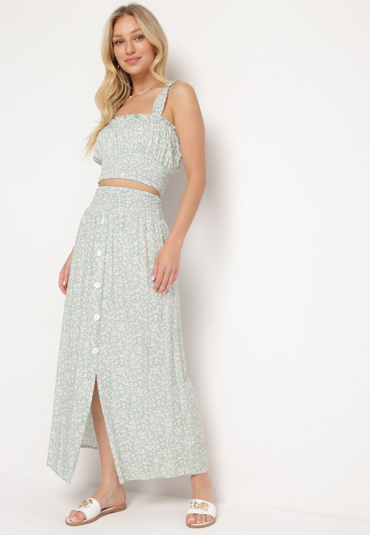 Set Verde din Bumbac Top cu Bretele Fustă cu Elastic în Talie și Nasturi Elasandra